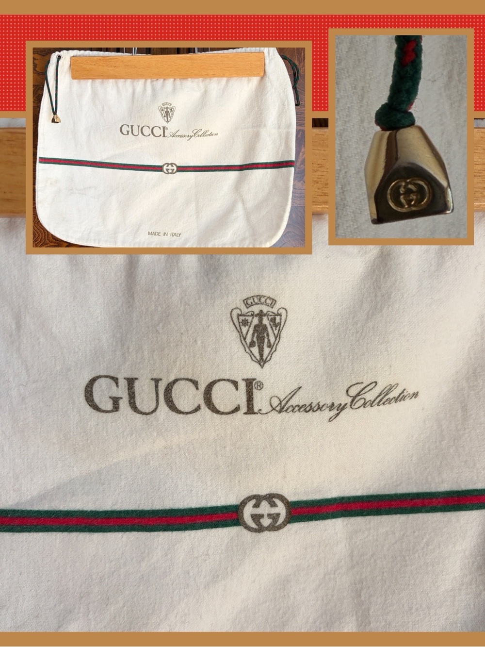 Vintage GUCCI Accessory Collection Dust Bag goldtone toggles/aglets w "GG" logo